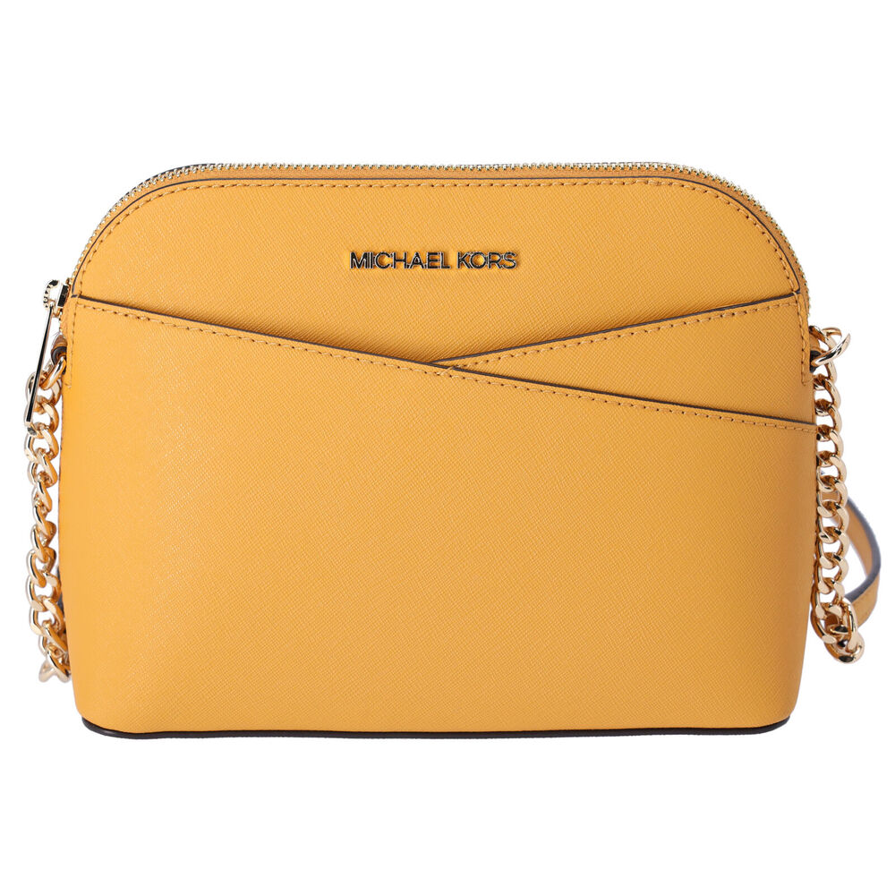 Michael Kors Jet Set Travel Medium Dome Crossbody Bag Gold Rod Yellow Leather